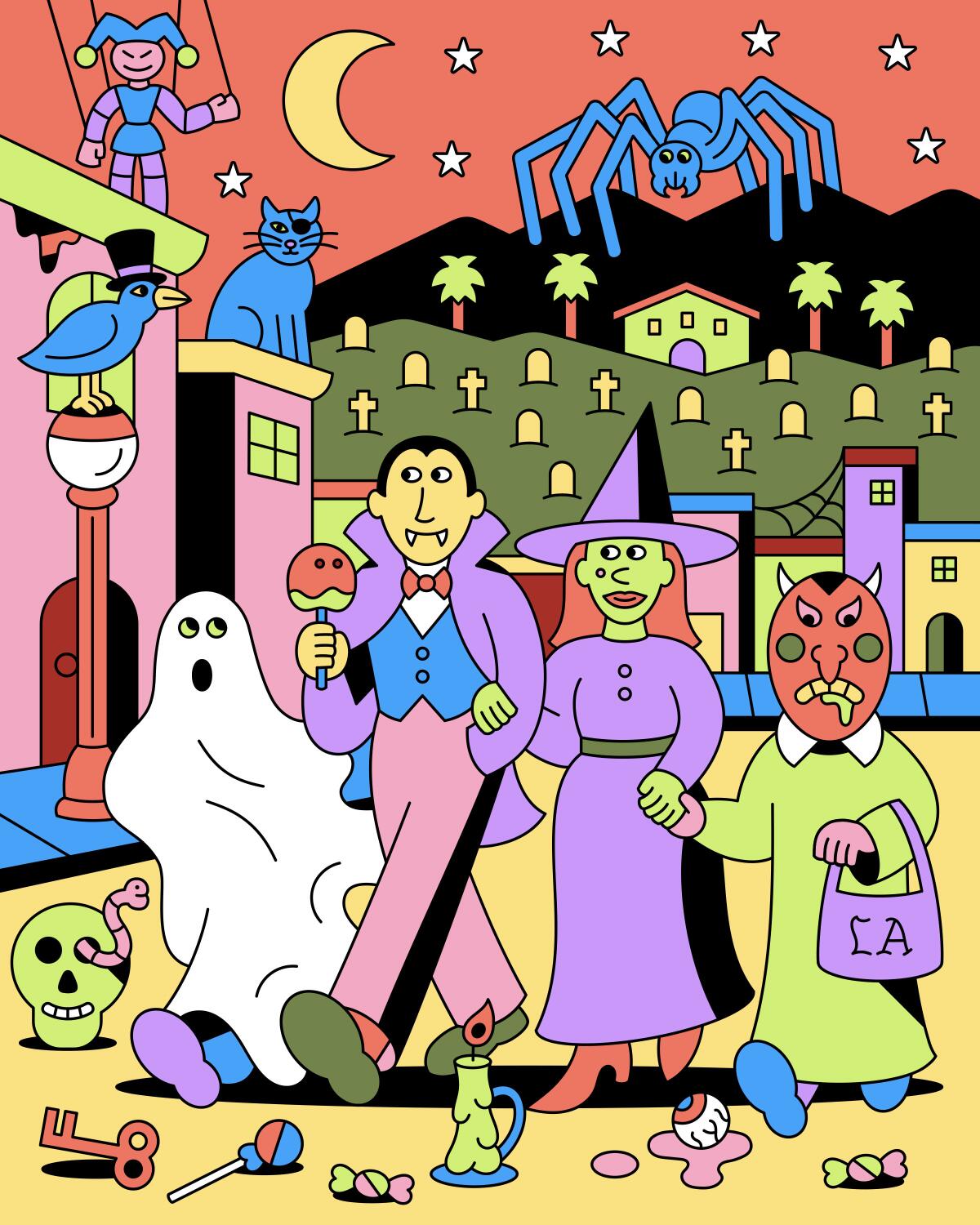 Halloween illustration of costumed family walking in L.A. near a cemetery and other spooky critters