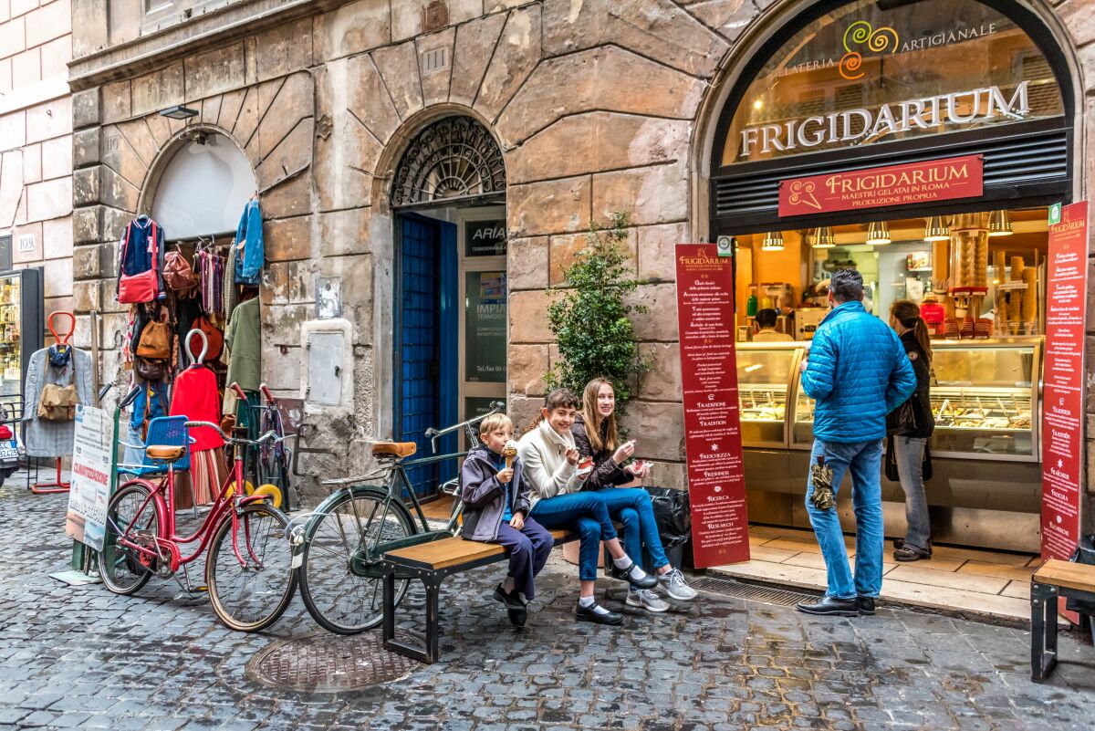 Kids enjoy Roman gelato at Frigidarium, a gelateria near Piazza Navona.