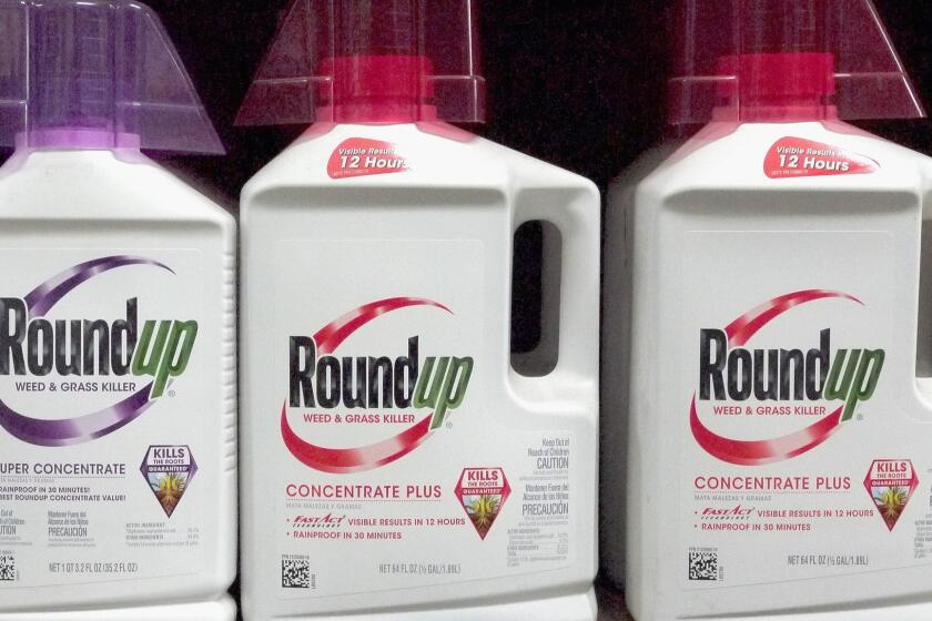 CHICAGO, ILLINOIS - MAY 14: Roundup weed killing products are offered for sale at a home improvement store on May 14, 2019 in Chicago, Illinois. A jury yesterday ordered Monsanto, the maker of Roundup, to pay a California couple more than $2 billion in damages after finding that the weed killer had caused their cancer. This is the third jury to find Roundup had caused cancer since Bayer purchased Monsanto about a year ago. Bayer's stock price has fallen more than 40 percent since the takeover. (Photo by Scott Olson/Getty Images) ** OUTS - ELSENT, FPG, CM - OUTS * NM, PH, VA if sourced by CT, LA or MoD **