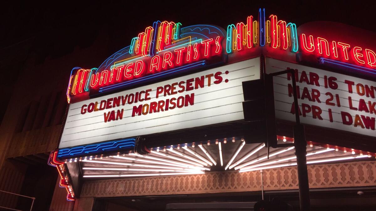 Veteran Irish singer-songwriter Van Morrison opened a three-night stand at the Theatre at Ace Hotel in Los Angeles on Friday.