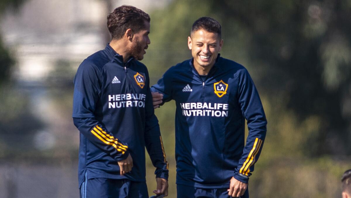 Javier "Chicharito" Hernández  practices with the Galaxy for the first time Thursday in Carson. 