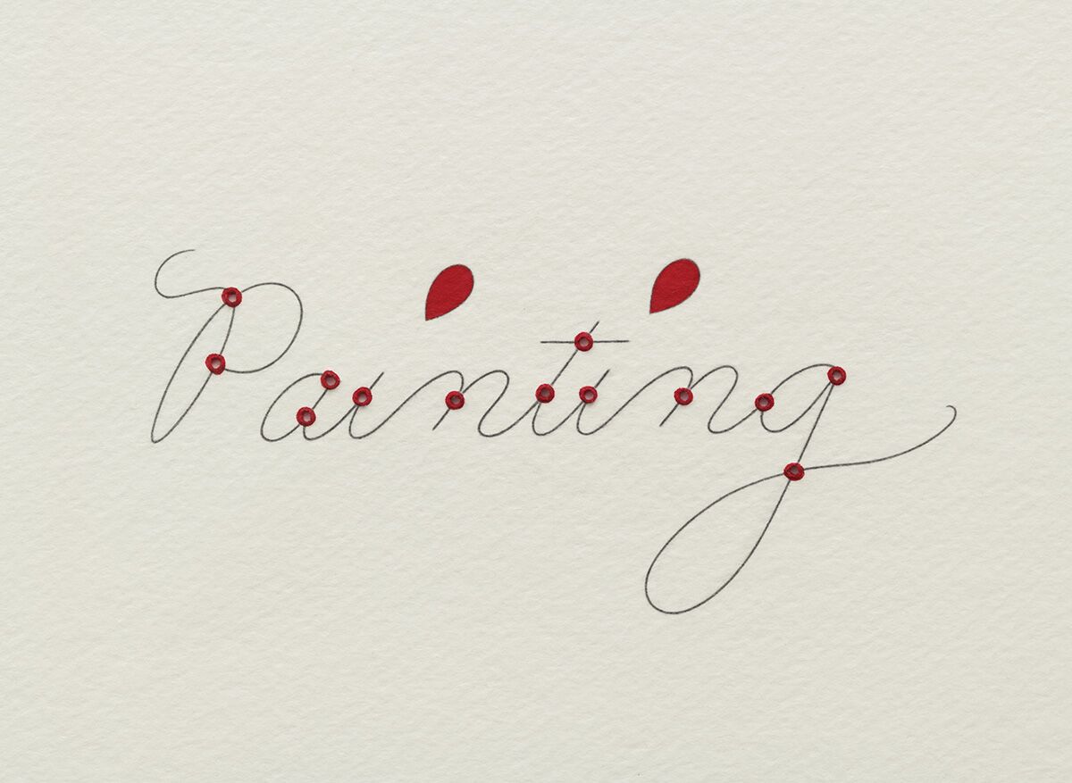 A drawing shows the word "painting" punctured with small holes surrounded by red