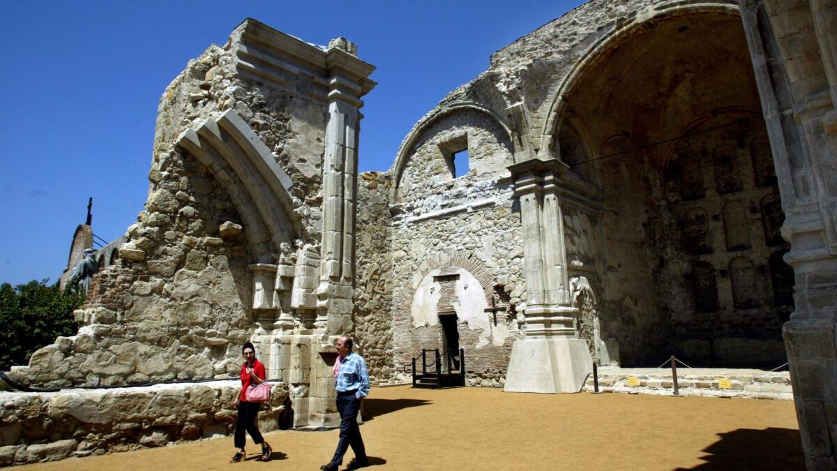 The Great Stone Church at Mission San Juan Capistrano was destroyed by a magnitude 7.5 earthquake in 1812, believed to have resulted from a joint rupture of the San Jacinto and San Andreas faults. More than 40 people attending Mass died. (Karen Tapia-Andersen / Los Angeles Times 2004)