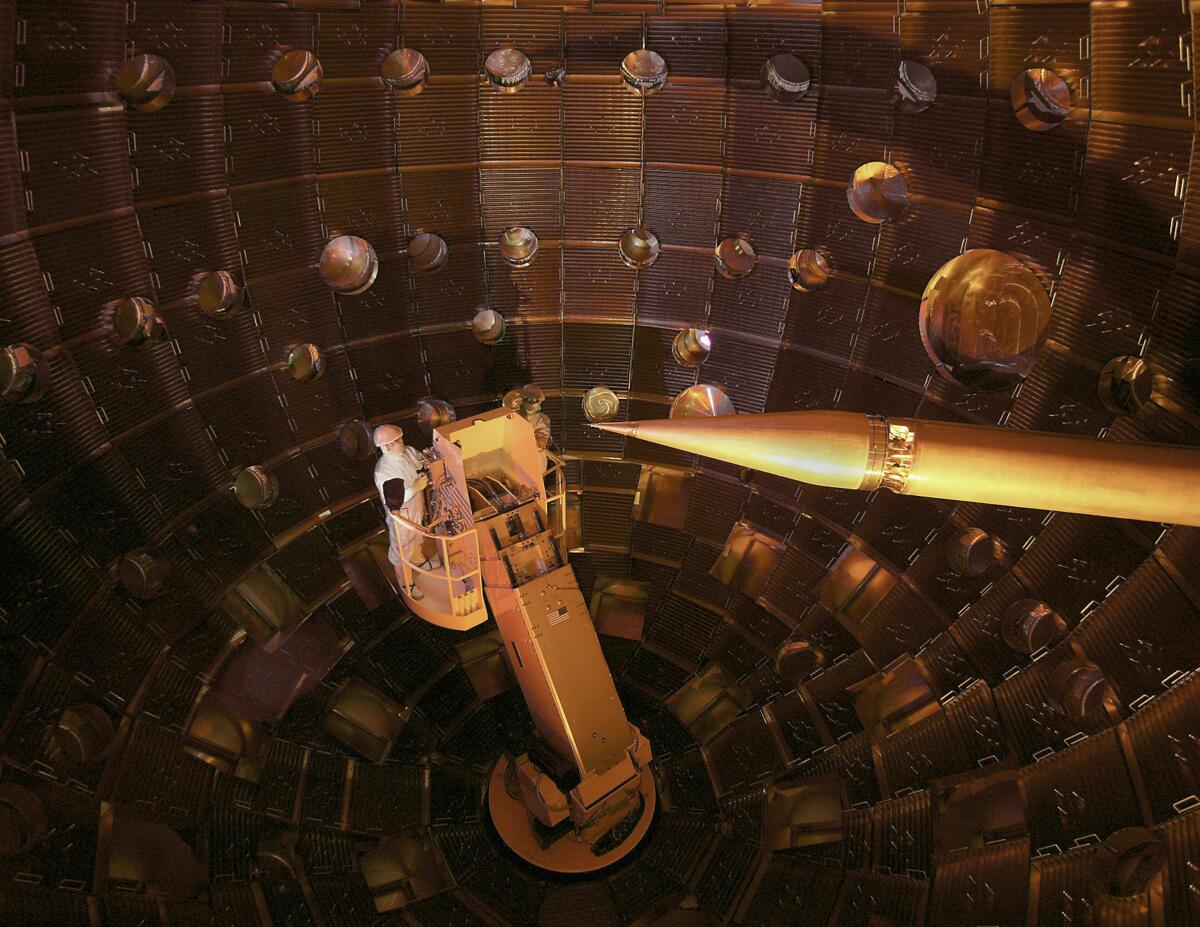 The interior of the target chamber inside the National Ignition Facility.