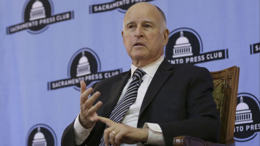 Gov. Jerry Brown discusses his time in the state's highest office during an appearance at the Sacramento Press Club on Dec. 18 in Sacramento. Brown will leave office Jan. 7 after serving a record four terms.
