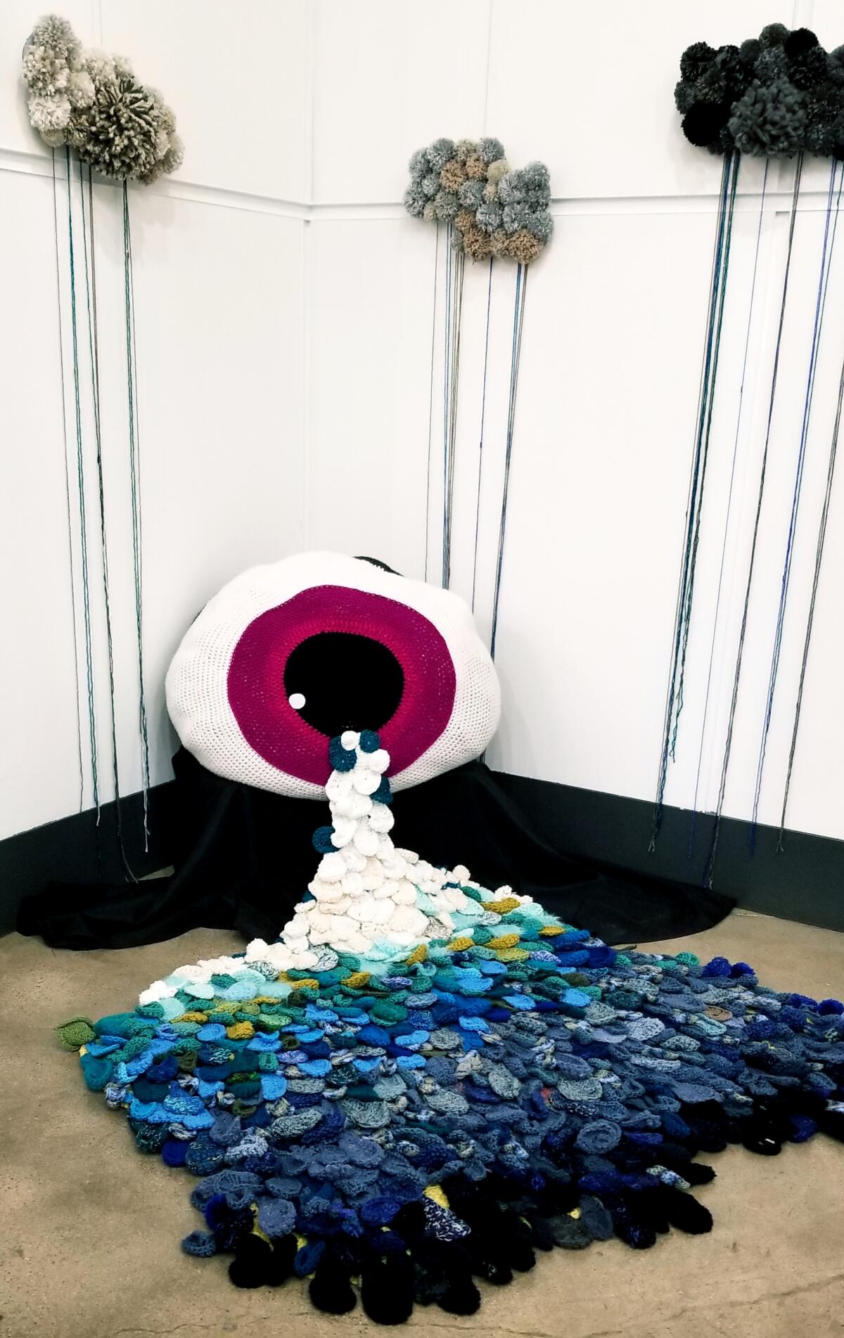 The Threadwinners’ “Lack of Emotion,” on display at their “zer | o” exhibit at WorkWell in Irvine, is made from recycled crocheted tears from their previous art project, “Weeping Willows,” a fundraiser for ACLU that decried the Trump administration’s separation of children at the border.