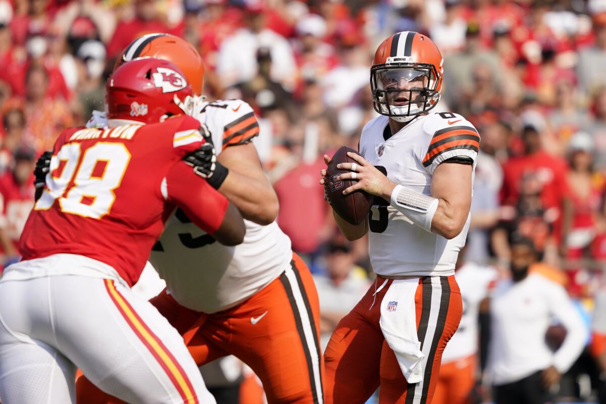 Cleveland Browns quarterback Baker Mayfield drops back to pass during the first half of an NFL football game against the Kansas City Chiefs Sunday, Sept. 12, 2021, in Kansas City, Mo. (AP Photo/Ed Zurga)