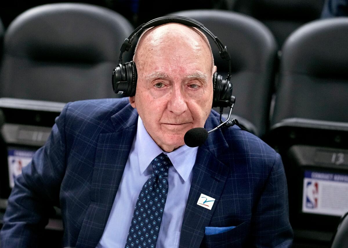 Dick Vitale prepares to announce an NCAA college basketball game.