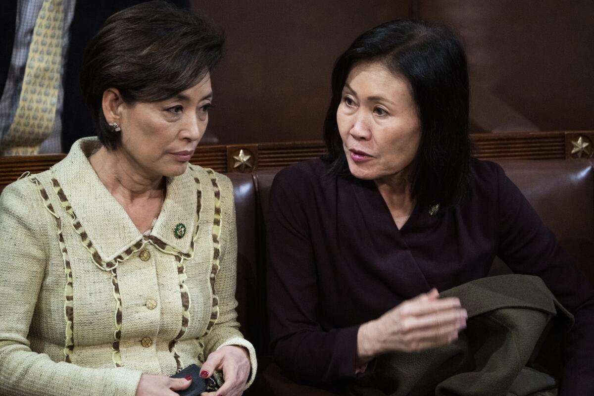 Reps. Young Kim and Michelle Steel, Republicans from Orange County, on the House floor in January 2023