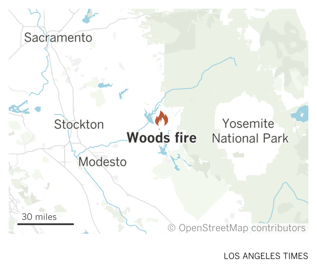 A map of part of Northern California shows the location of the Woods fire.