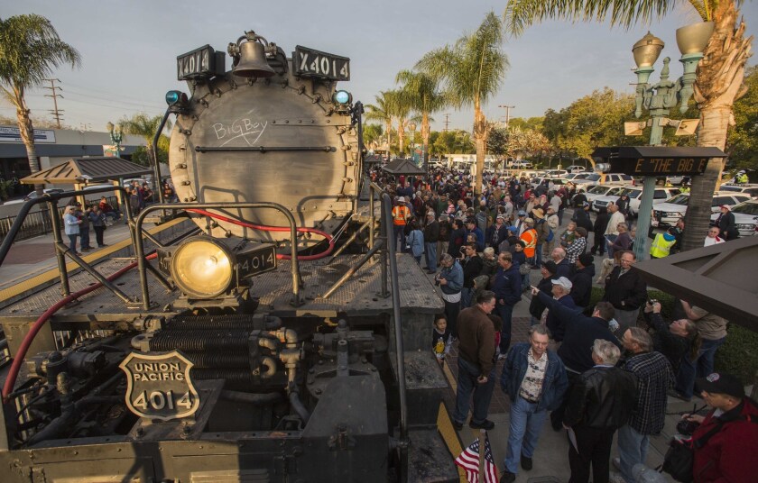 Spectators at the Covina Metrolink Station view the historic locomotive, Union Pacific's Big Boy No. 4014, on Sunday.