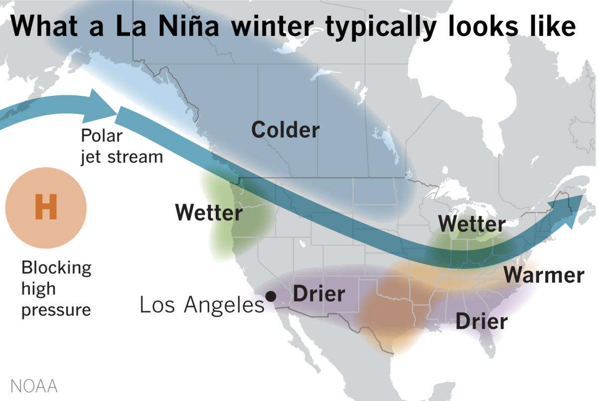 Typically, La Niñas mean warm and dry winters in the Southern tier of the U.S.