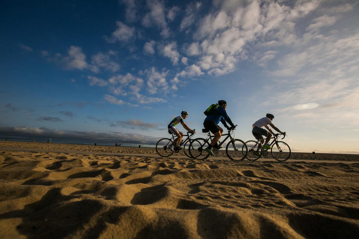 Cyclists on the beach bike path in Santa Monica.