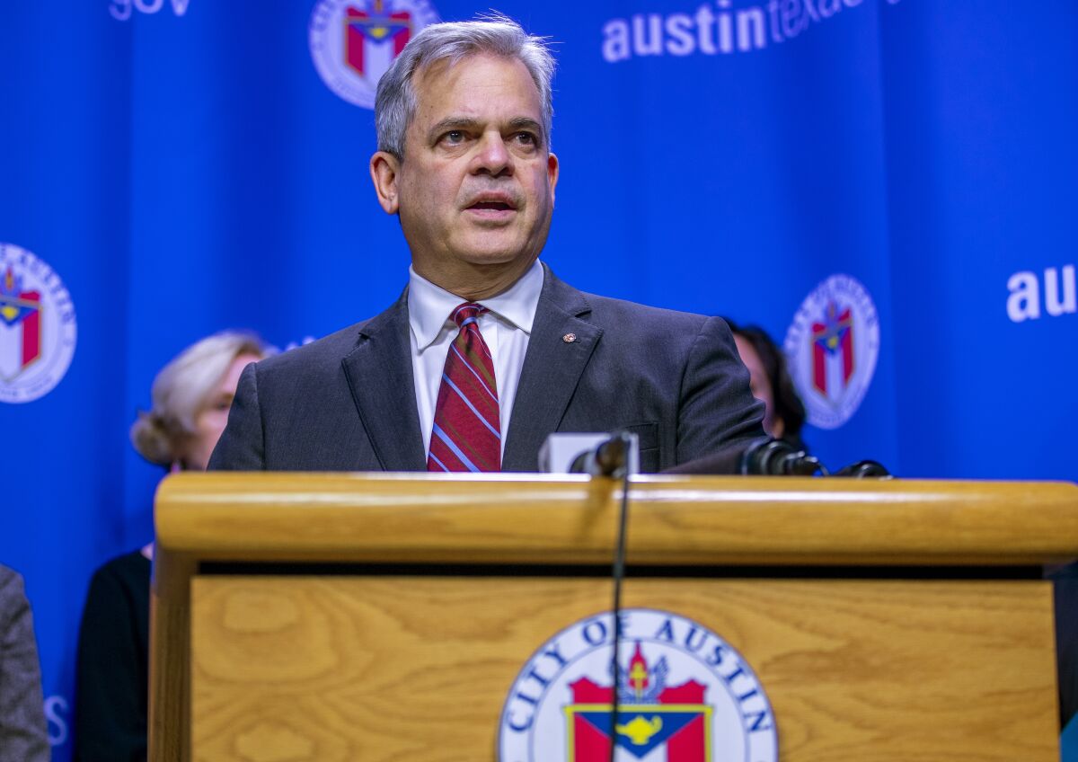 FILE - In this March 6, 2020, file photo, Austin Mayor Steve Adler speaks during a press conference in Austin, Texas. Adler took a vacation to Mexico with family in November at a time when he was urging people to "stay home if you can." The trip revealed by the Austin-American Statesman on Wednesday, Dec. 2, 2020, comes after California Gov. Gavin Newsom, another public official who has also pleaded with his residents to resist the temptation to socialize, acknowledged last month that he attended a birthday party at a posh restaurant with friends. (Ricardo B. Brazziell/Austin American-Statesman via AP, File)