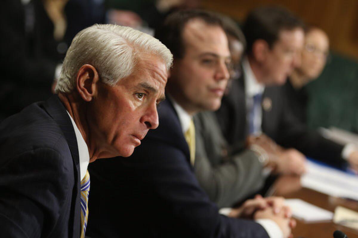Former Florida Gov. Charlie Crist, left, testifies before the Senate Judiciary Committee hearing on voting regulations.