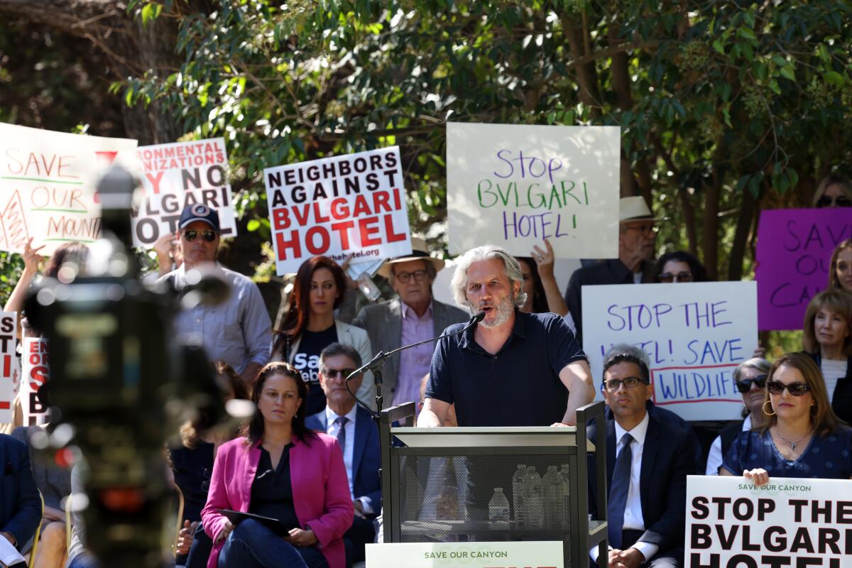 Mark Levin, the Save Our Canyon president, speaks during a press conference