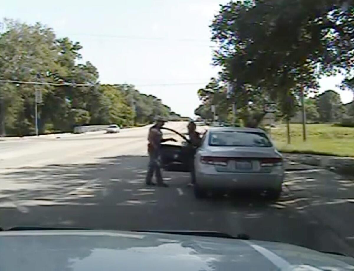 An image from the July 21, 2015, dash camera video of the traffic stop by Trooper Brian Encinia of Sandra Bland.