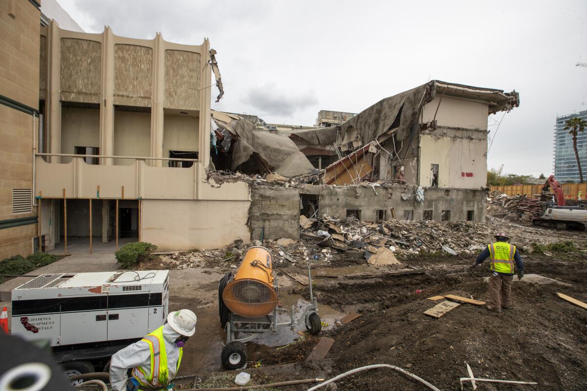 A view north shows pieces of LACMA's old William Pereira buildings being demolished