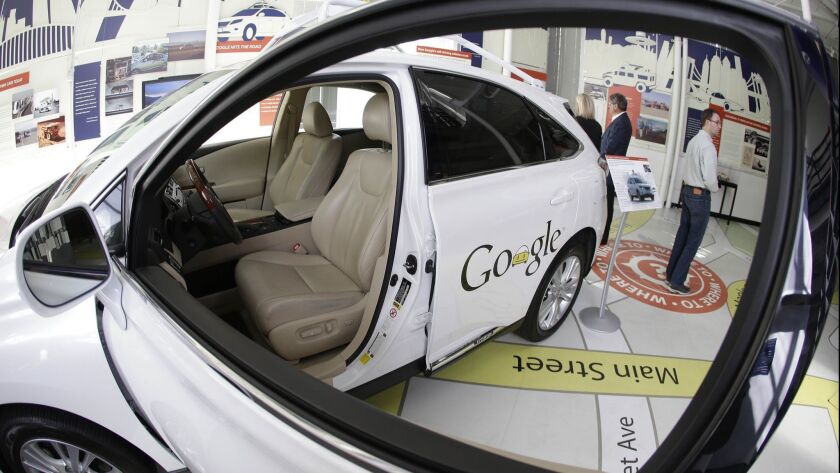 A Google self-driving car on exhibit at the Computer History Museum in Mountain View.