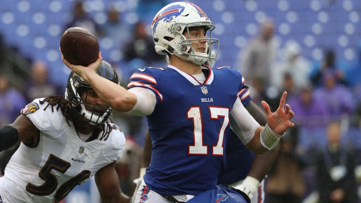 Buffalo Bills quarterback Josh Allen throws the ball in the fourth quarter against the Baltimore Ravens at M&T Bank Stadium on Sept. 9 in Baltimore.