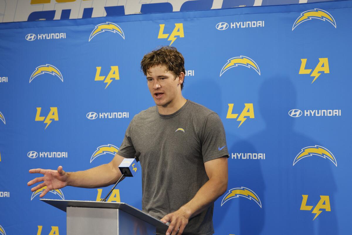 Chargers quarterback Justin Herbert speaks during a news conference Thursday.