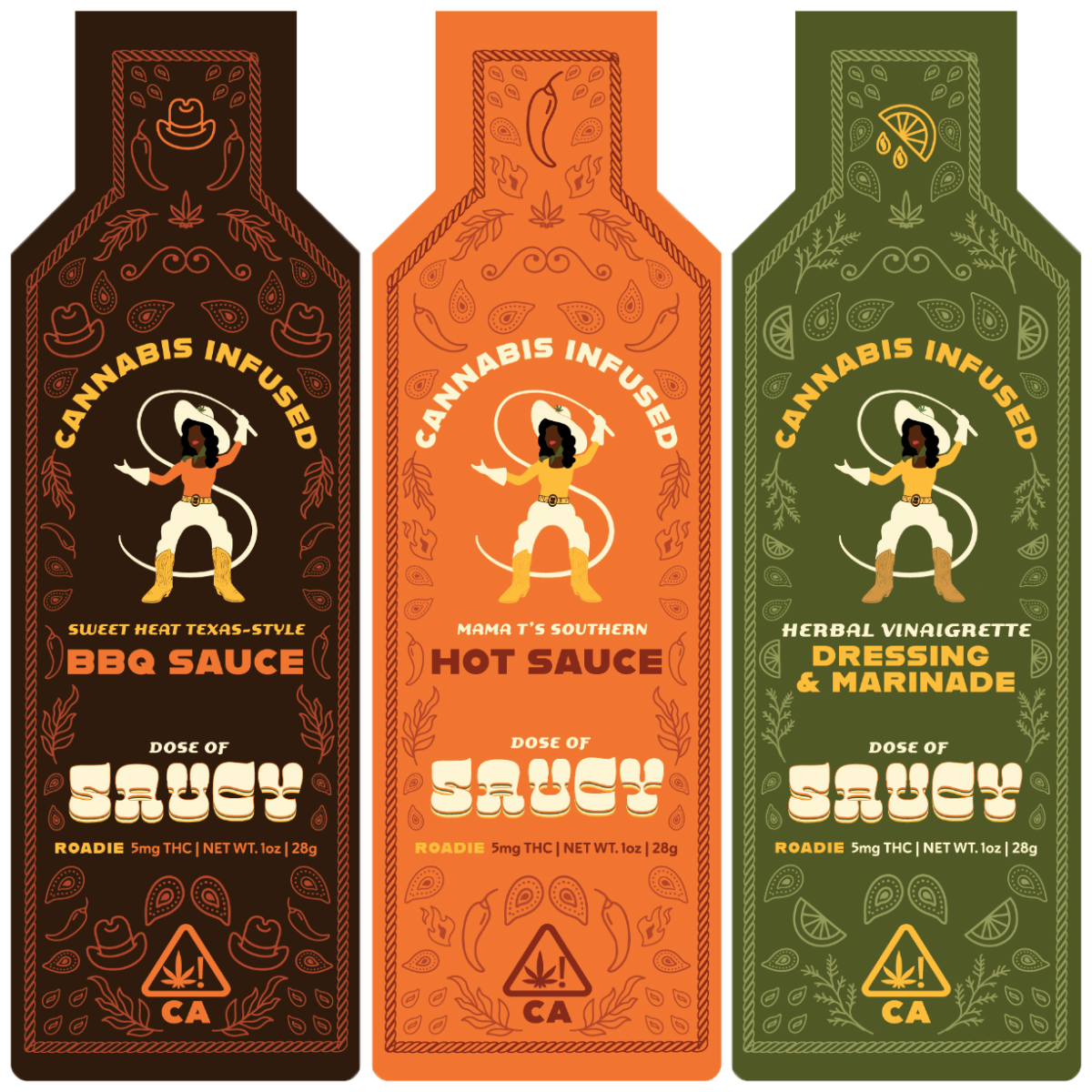 Three bottle-shaped condiment packets