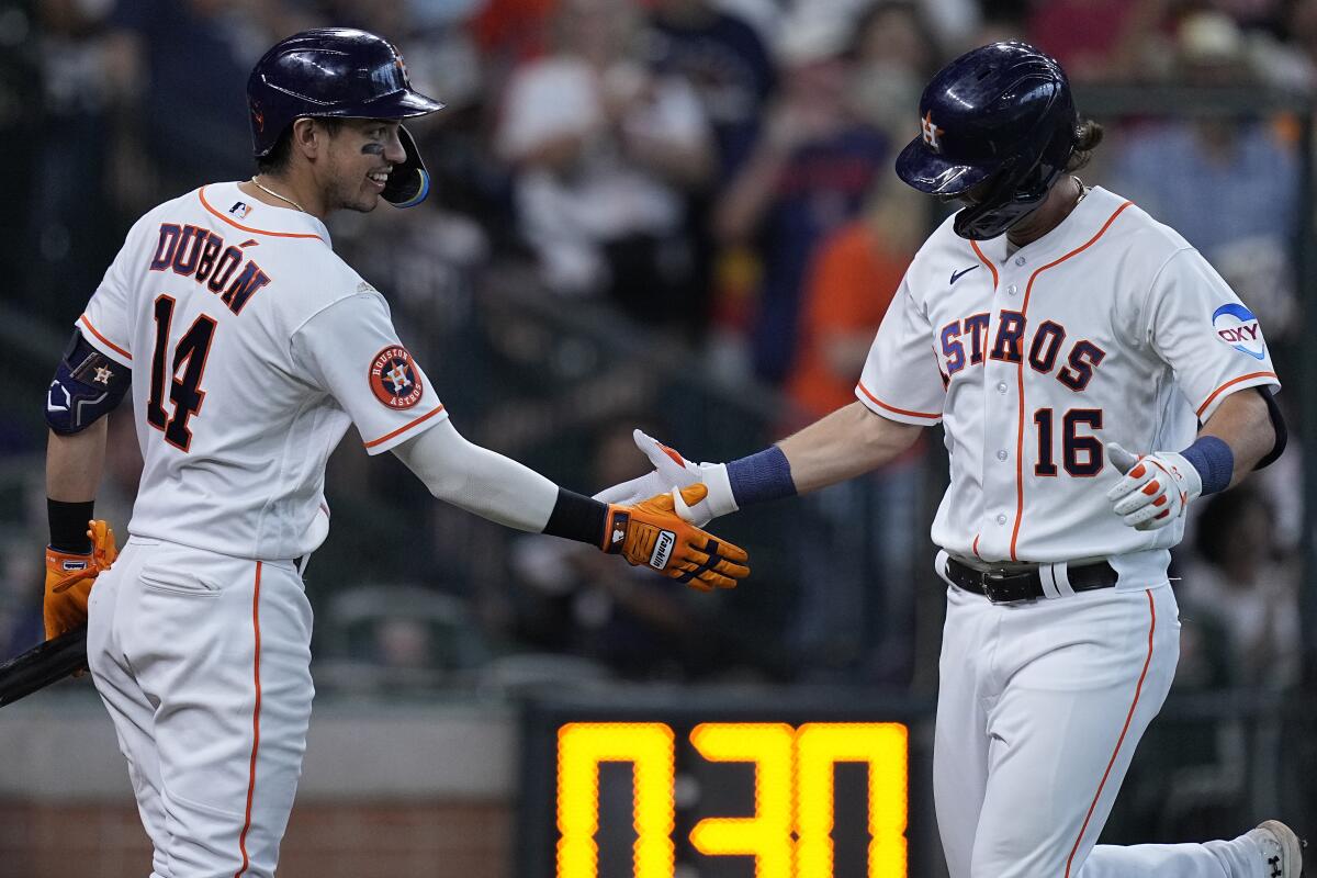 Mauricio Dubon of the Houston Astros reacts with teammates after News  Photo - Getty Images