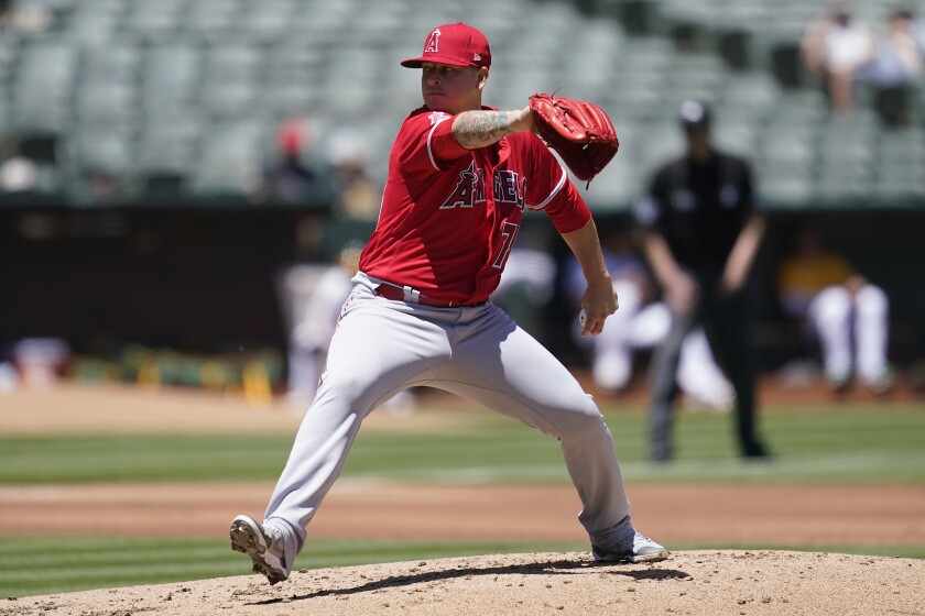The Angels' Jhonathan Diaz pitches against the Oakland Athletics during the first inning May 14, 2022. 