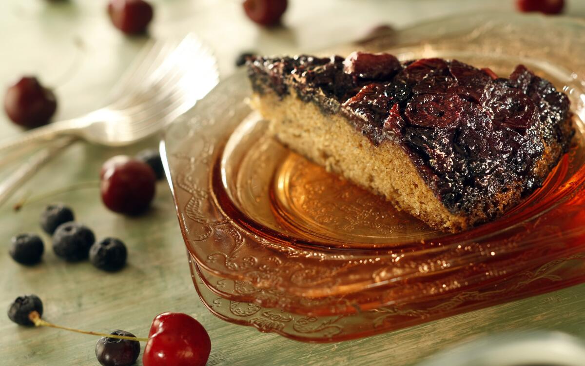 Spiced cherry and blueberry upside-down cake