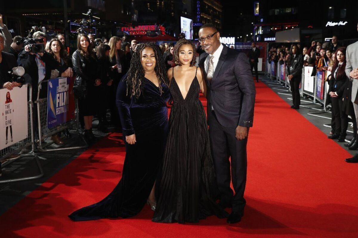 Angie Thomas, from left, Amandla Stenberg and George Tillman Jr. at the European premiere of "The Hate U Give" during the BFI London Film Festival on Oct. 20.