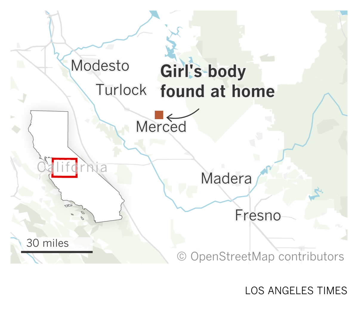 A map of the Central Valley shows where a girl's body was found at a home in Merced
