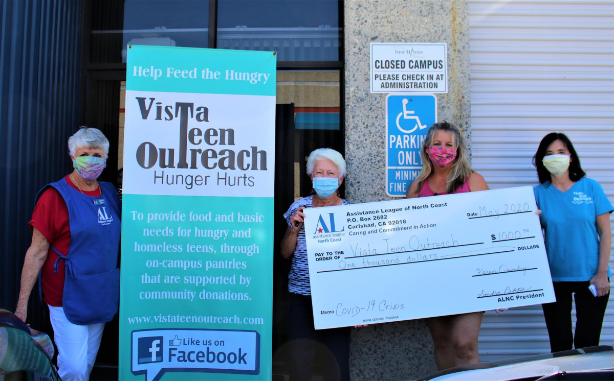 Members of the nonprofit Assistance League of North Coast recently presented a check for $1,000 to Vista Teen Outreach, along with hygiene packages for teens.