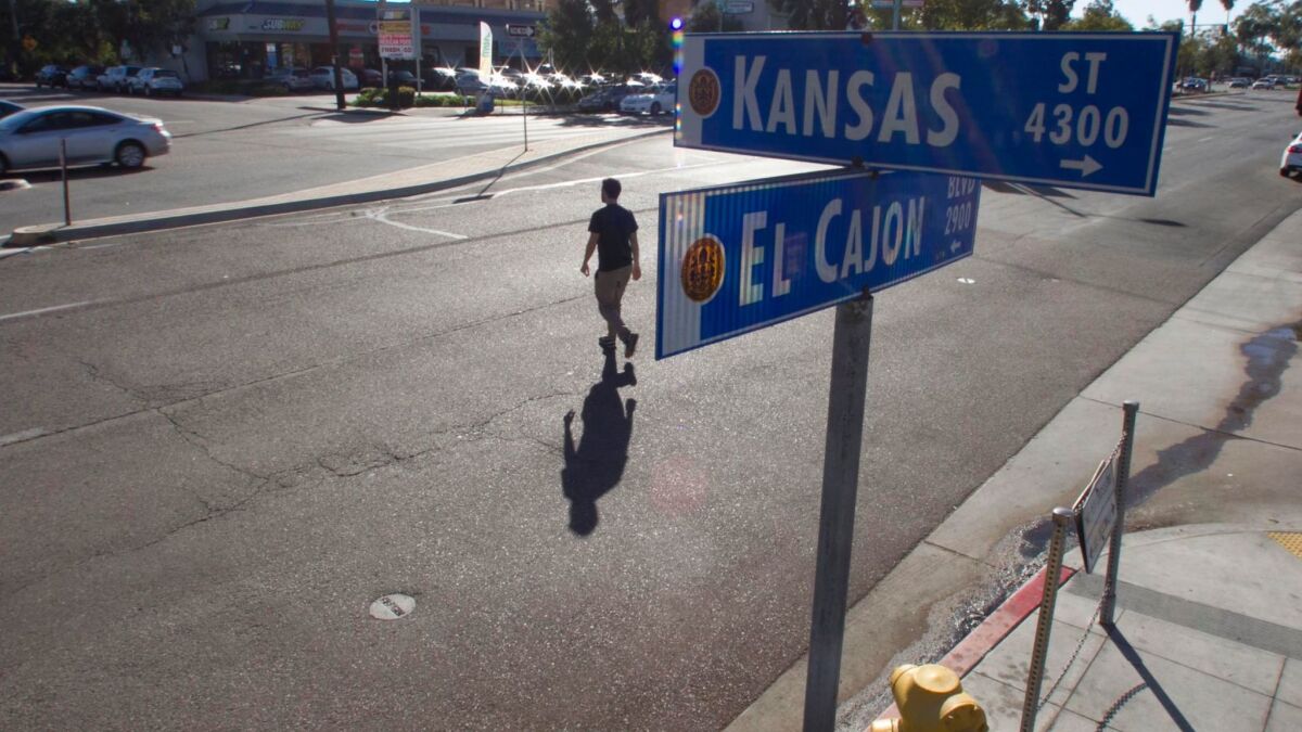 Even though it is clearly marked now as a no crossing intersection, a pedestrian made his way south across El Cajon Boulevard at Kansas Street in North Park. A two-phase crosswalk has been identified as a safety improvement for this intersection.