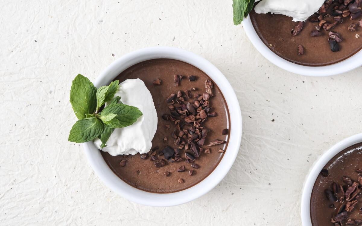 A sprig of mint signals the flavor of these chocolate puddings.