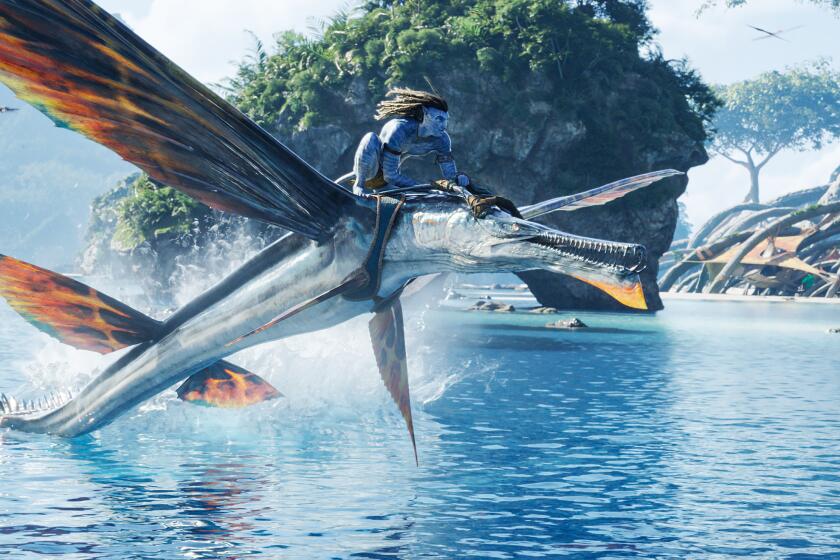 a blue man astride a giant flying fish-type creature soaring above water