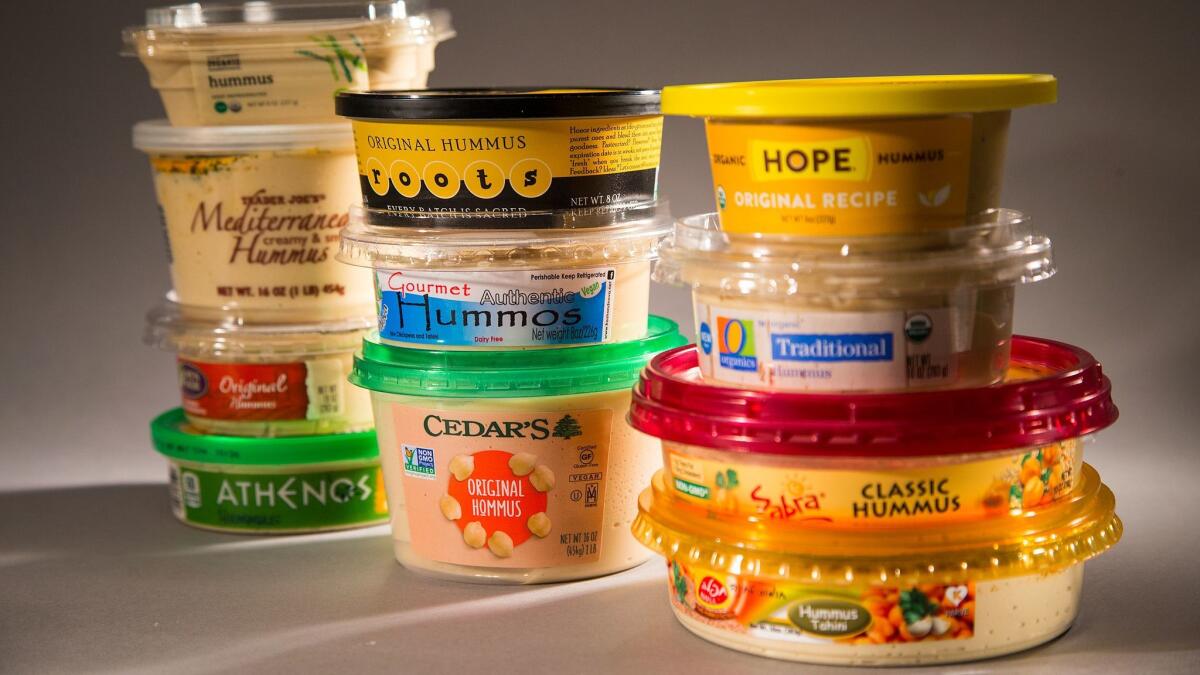 A variety of store-bought hummus brands are part of a blind taste test in the Los Angeles Times Test Kitchen.