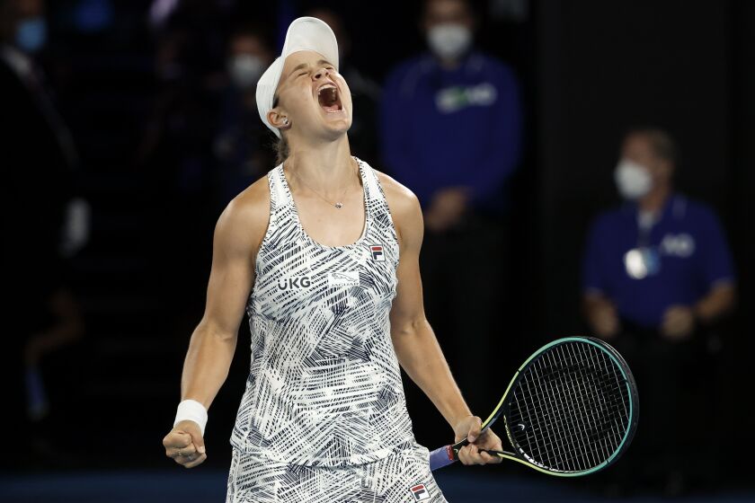 Australia's Ashleigh Barty celebrates after winning the women's singles final at the Australian Open on Saturday.