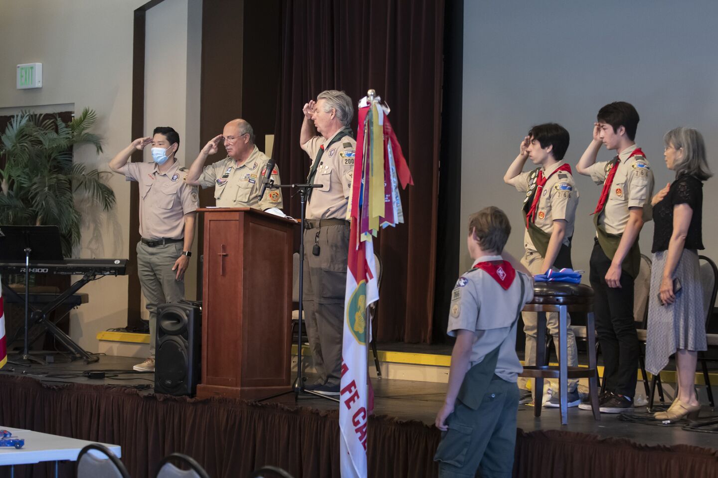 Chris Kwok (Scout Master Troop 766), Jack Cater (Zone Representative & Eagle Project Counselor), Gene Marsh (Scout Master Troop 2000), Cooper Vincik, Eagle Scout candidate Daniel Scuba, Eagle Scout candidate David Scuba, Linda Leong