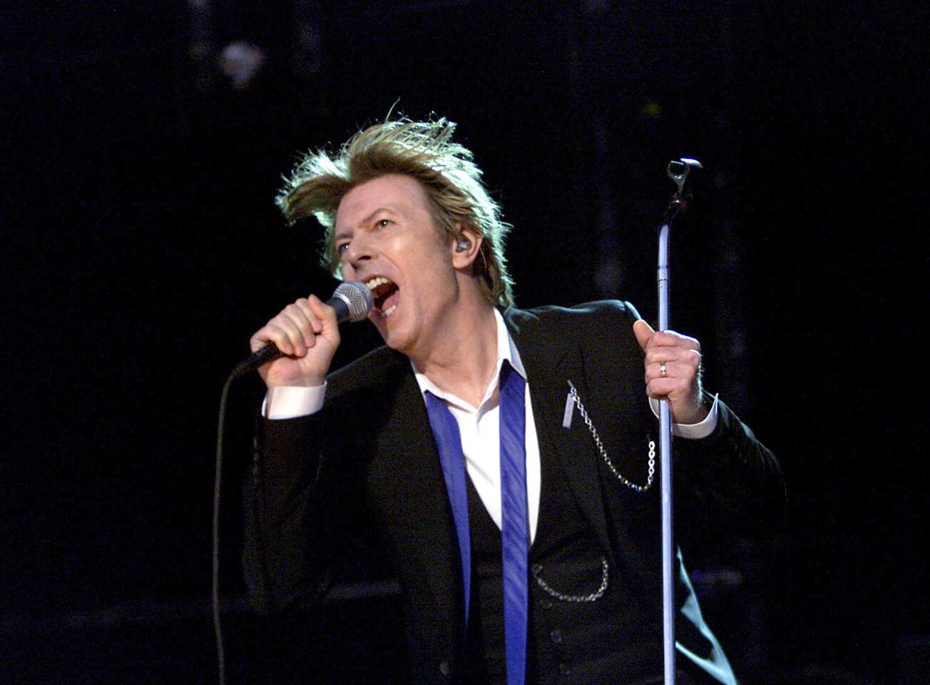 David Bowie performs at the Verizon Wireless Amphitheater in Irvine on Aug. 13, 2002.