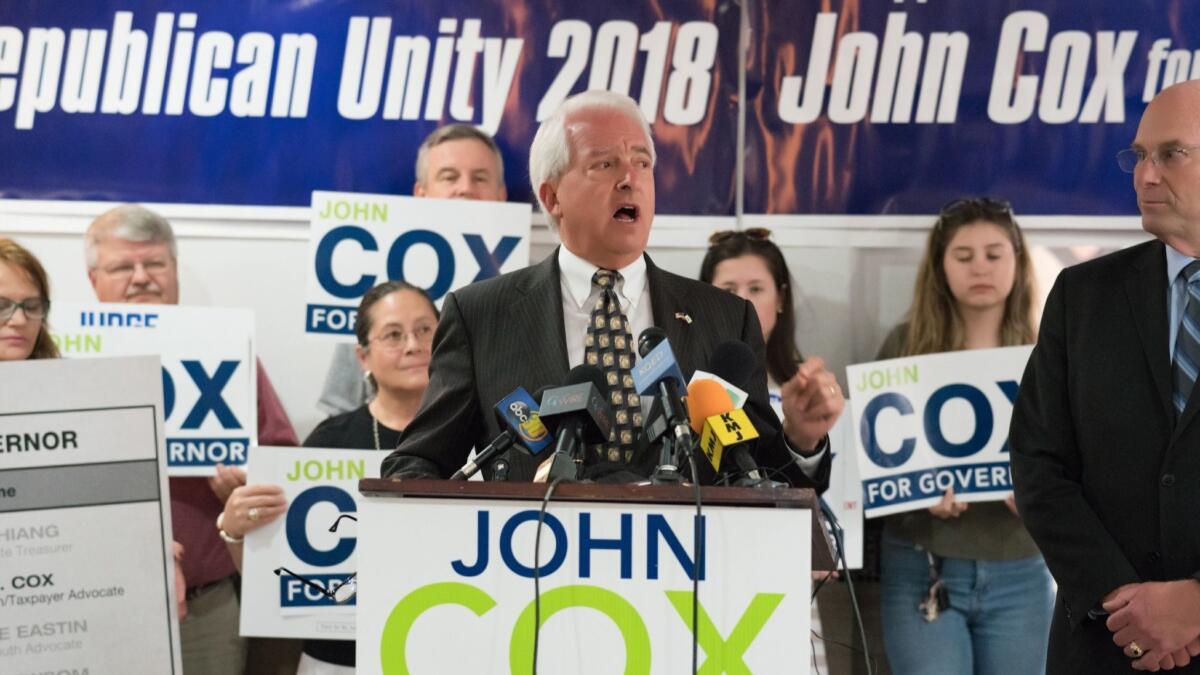 Republican gubernatorial candidate John Cox holds a press conference at the Republican Party Headquarters in Fresno.