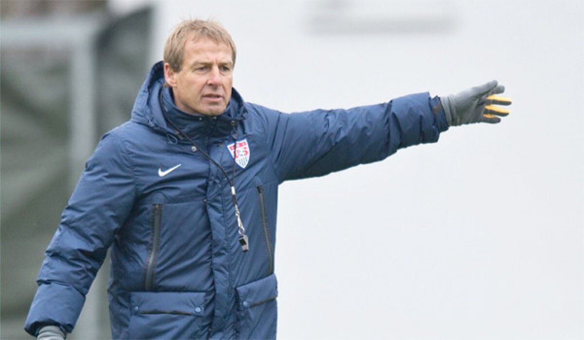 Coach Juergen Klinsmann leads a U.S. national team practice in Frankfurt, Germany on Monday. The U.S. is scheduled to play Ukraine in Cyprus.
