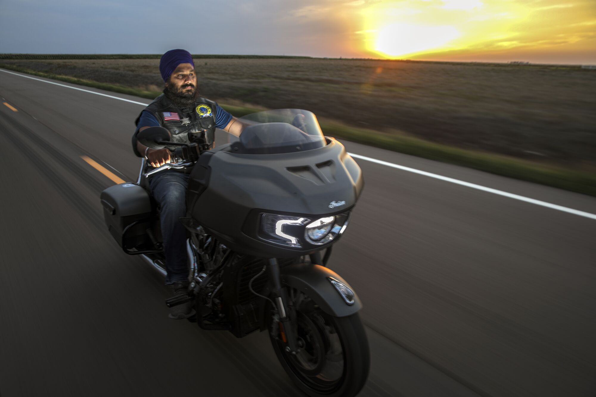 Gurdeep Singh Saggu a member of Sikh Motorcycle Club USA, outside Garden City, Kan.