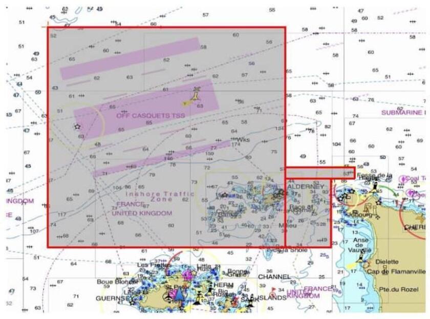 Foto facilitada por la Policía Guernsey que muestra la totalidad del área de 1.155 millas cuadradas, casi 3.000 kilómetros cuadrados, donde las autoridades buscan el avión en el que viajaba el futbolista argentino Emiliano Sala. EFE