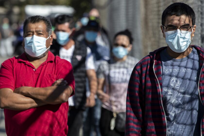 SAN FERNANDO, CA - DECEMBER 01: People wait in line at a walk-up Covid-19 testing site at San Fernando Recreation Park Tuesday, Dec. 1, 2020 in San Fernando, CA. (Brian van der Brug / Los Angeles Times)