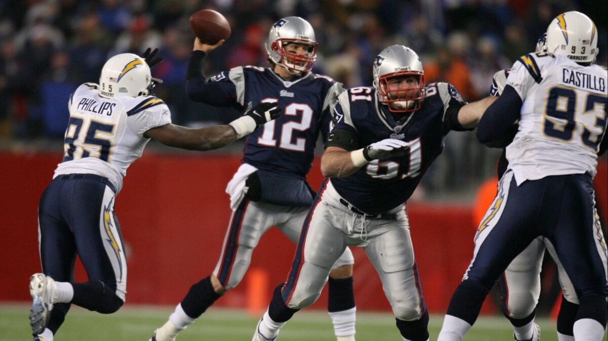 Patriots quarterback Tom Brady throws against the Chargers in the AFC Championship game on Jan 20, 2008.