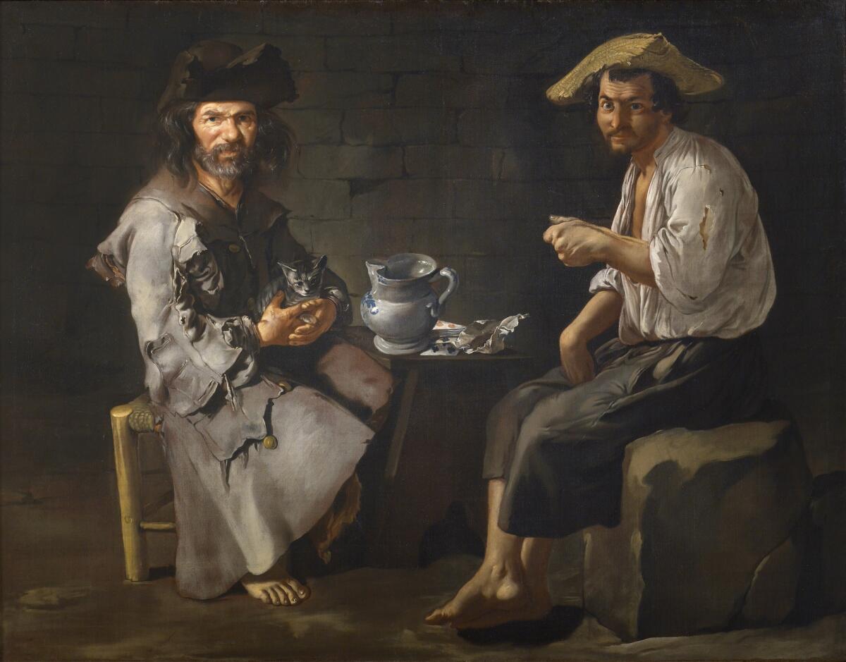 An oil painting of two barefoot beggars in hats and ragged clothes.