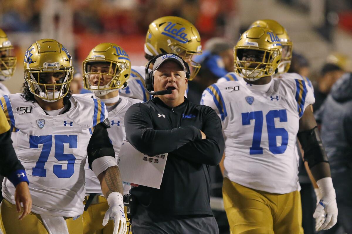 UCLA head coach Chip Kelly looks on in the second half against Utah on Nov. 16 in Salt Lake City.