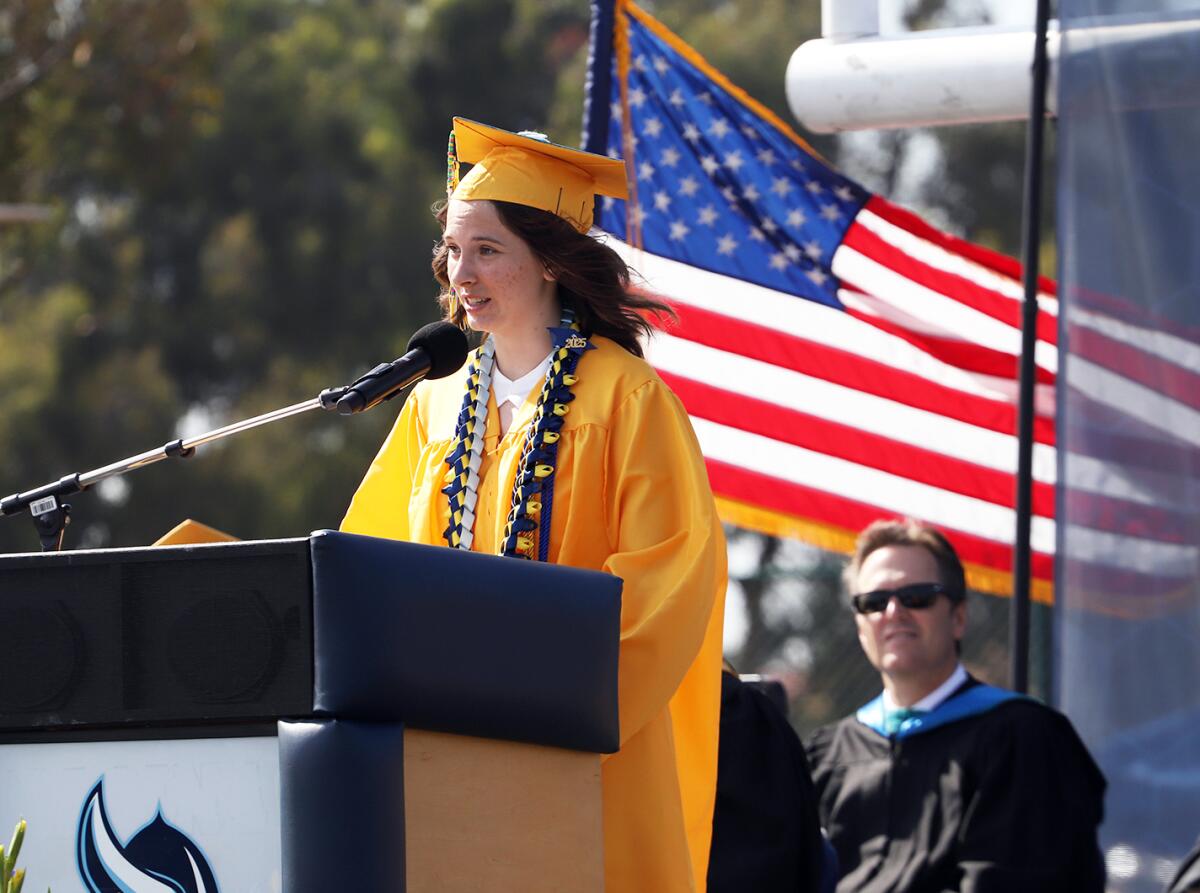 Marina High senior speaker Janai Brown addresses the crowd during the Vikings' commencement ceremony Thursday.