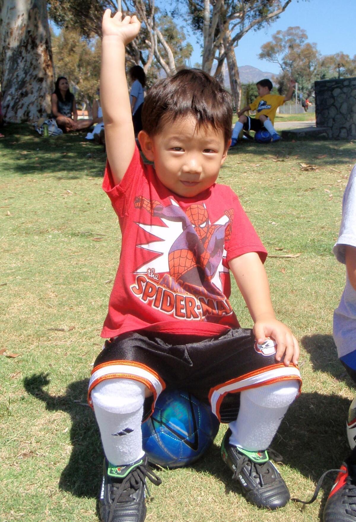Josh, 3, at a Play 2 Grow soccer development session near the Rose Bowl.
