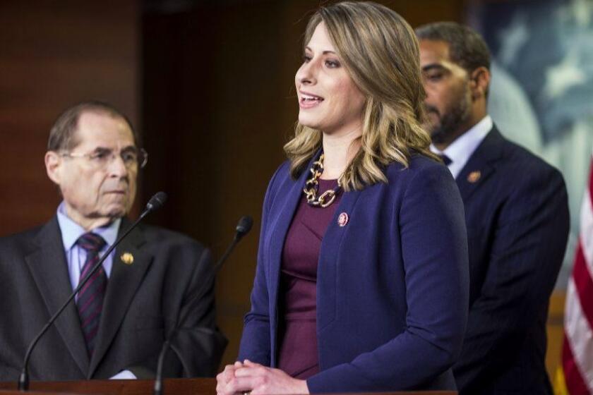 WASHINGTON, DC - APRIL 09: Rep. Katie Hill (D-CA) speaks during a news conference on April 9, 2019 in Washington, DC. House Democrats unveiled new letters to the Attorney General, HHS Secretary, and the White House demanding the production of documents related to Americans health care in the Texas v. United States lawsuit. Also pictured is House Judiciary Committee Chairman Rep. Jerry Nadler (D-NY) and Rep. Steven Horsford (D-NV). (Photo by Zach Gibson/Getty Images) ** OUTS - ELSENT, FPG, CM - OUTS * NM, PH, VA if sourced by CT, LA or MoD **